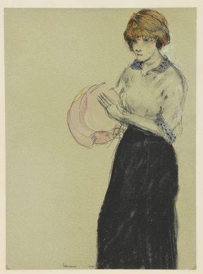 null Jean Émile LABOUREUR (1877-1943)
Jeune femme tenant un chapeau rose, 1912
Fusain...
