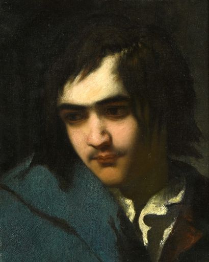 null École ROMANTIQUE du XIXe siècle 
Portrait de jeune homme au manteau bleu
Huile...