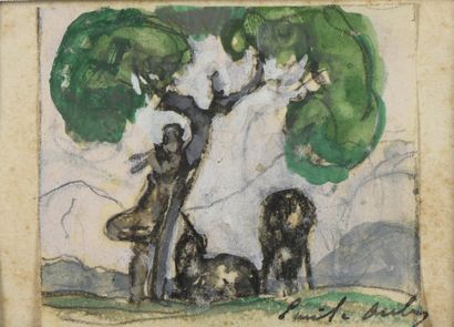 null Émile AUBRY (1880-1964)
Crossing the ford 
Musician under a tree
Two watercolors...