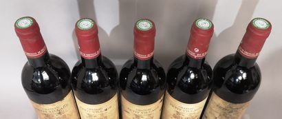 null 5 bouteilles Château PETIT VILLAGE 1995 - Pomerol 
Étiquettes tachées et légèrement...