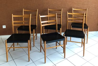 null GEMLA
Dining room table, tapered legs, and suite of six chairs in teak, top...