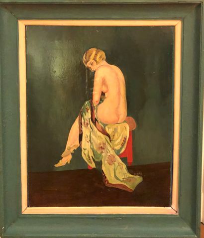 Lot including six framed pieces:
- Seated...