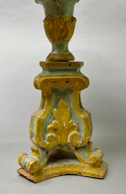 null Tripod baluster lamp stand in molded wood, scrolled legs, carved and painted...