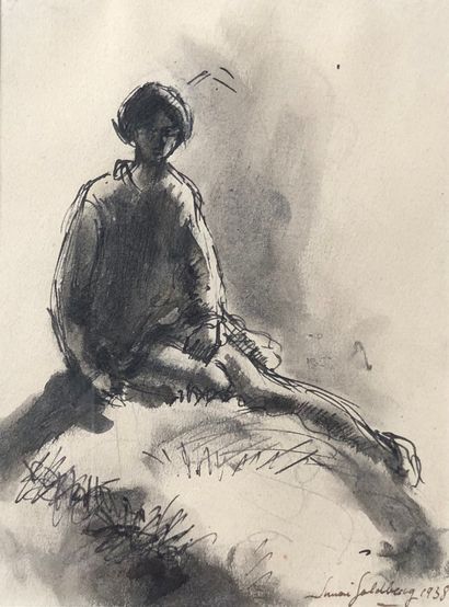 null Simon Goldberg (1913-1985)
Lot of two drawings:
- Character sitting on a pile...