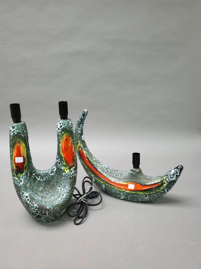 null MARINO LE VAUCOUR (XXth)
Three enamelled ceramic lamps.
Around 1960. 
Signed....