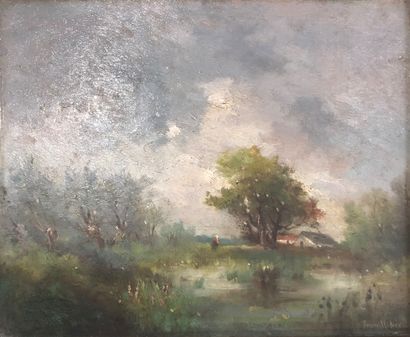 null School of the XIXth century
Country landscape
Oil on panel. 
Bears an apocryphal...