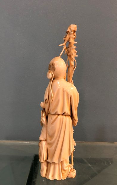 null Statuette en ivoire sculpté figurant Shoulao debout, son bâton et une branche...