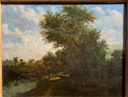 null Ecole de Fontainebleau, XIXème siècle
Paysage animé en bord de rivière
Huile...