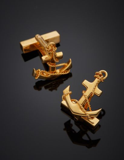 null Pair of 18K yellow gold 750‰ single cufflinks, in the form of a navy anchor...