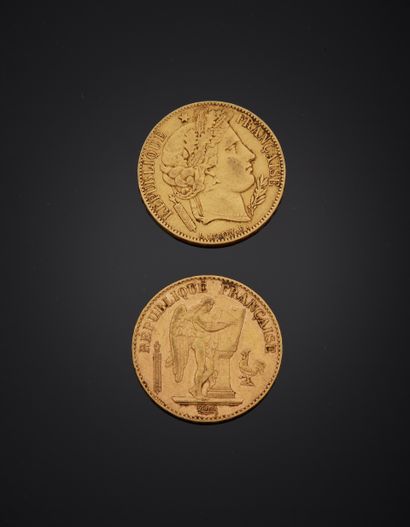 null ** Two 20 francs gold coins, one Ceres and the second with the Genie, 1850 and...