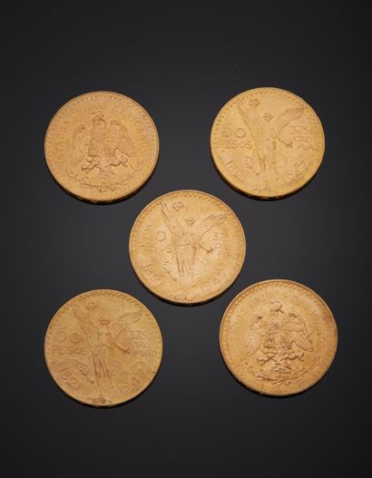**Five coins of 50 pesos gold dated 1947.
Weight...