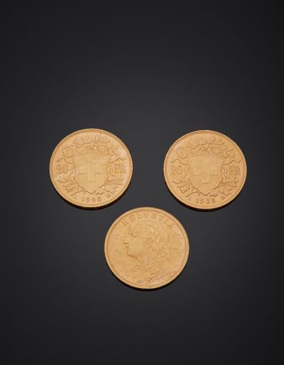 Three coins of 20 Swiss francs, Vreneli,...
