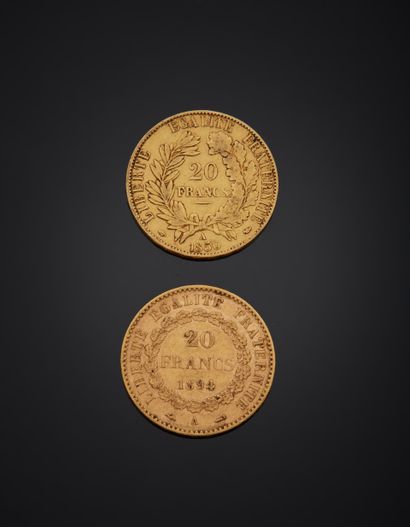 null ** Deux pièces de 20 francs or, une Cérès et la seconde au Génie, 1850 et 1894....