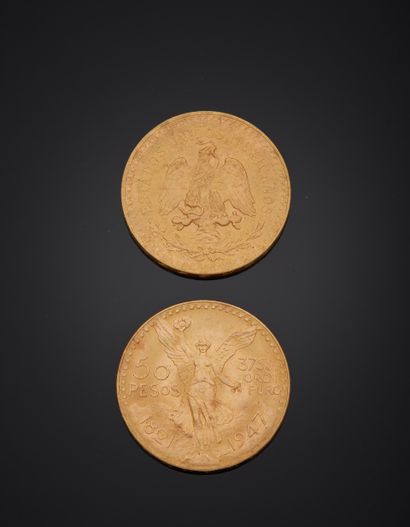 null **Two 50 pesos gold coins dated 1947.
Weight 83,20 g

**Lots preceded by two...