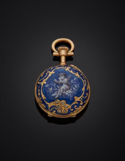 null Neck watch in 18K gold 750‰, round shape, the case chased with a cherub in polychrome...