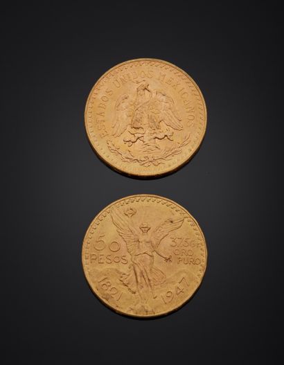 null **Two 50 pesos gold coins dated 1947.
Weight 83,30 g

**Lots preceded by two...