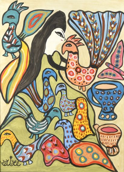 null BAYA, Fatma Haddad, known as (1931-1998)
Woman, birds and butterfly, 1978
Gouache,...