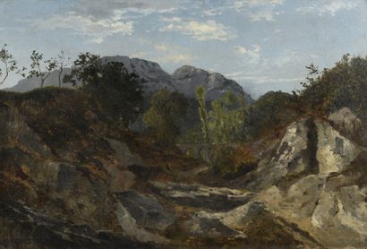 null Attribué à Henri Joseph HARPIGNIES (1819-1916)
Paysage de montagnes
Toile.
Porte...