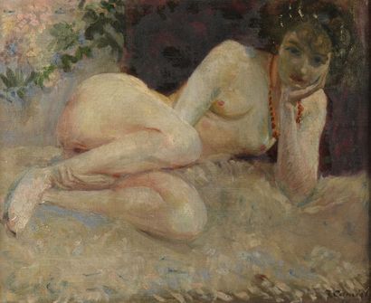 null Richard CARNIEL (1868-1915)
Jeune femme nue au collier rouge
Huile sur toile.
Signée...