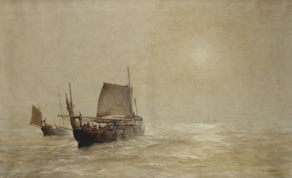 null Jan LAVEZZARI (1876-1947)
Bateau de pêcheur par temps gris
Huile sur toile.
Signée...