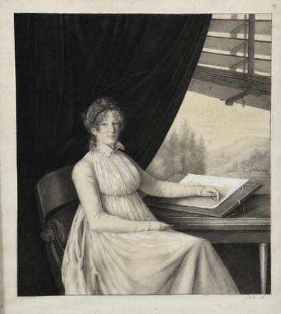 null École FRANÇAISE du XIXe siècle 
Portrait d’une femme dessinant à sa fenêtre
Pierre...