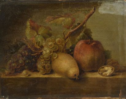null École du XIXe siècle
Nature morte aux pommes, poires et raisins sur un entablement
Huile...
