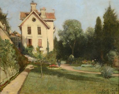 null Gustave COLIN (1828-1910)
Le jardin 
Huile sur panneau.
Signée en bas à droite.
33...