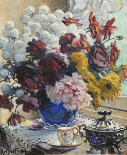 null Arthur FOACHE (1871-1967)
Nature morte au bouquet de fleurs, pot à sucre et...