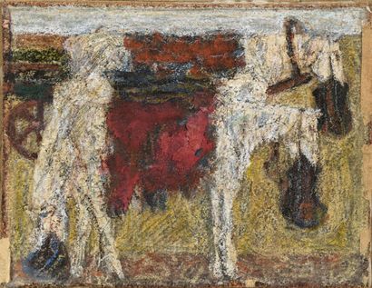 null Orhan PEKER (1926-1978)
Chevaux aux foins
Huile sur carton. 
13 x 15,5 cm