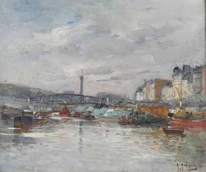 null Gustave MADELAIN (1867-1944) 
Le port de l’Arsenal à Paris
Huile sur toile.
Signée...