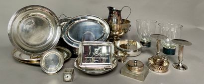 null Silver-plated lot including: trays, bowls, dishes, small German travel alarm...
