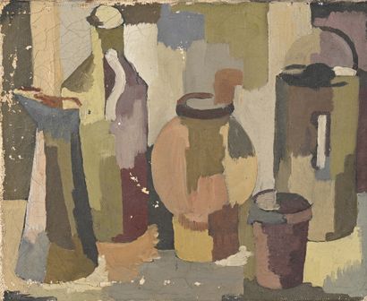 null Jean-Marie CALMETTES (1918-2007) 
Composition with pot and bottles, 1953
Oil...