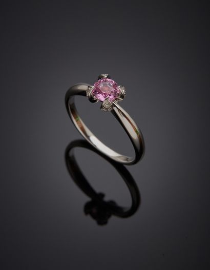 null GAREL - Ring in 18K white gold 750‰, set with a round pink (heated) sapphire...