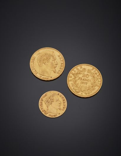null Lot comprenant :
– Deux pièces de 20 francs or, Napoléon III tête nue,
datées...