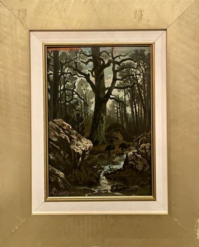null Lot including :
-20th century school
The King of the Forest, Oak Louis XIV
Oil...