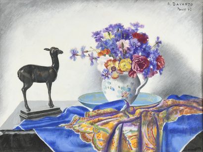 null A. DAVANZO (20th century)
Bouquet of cornflowers and sculpture of a doe 
Gouache...