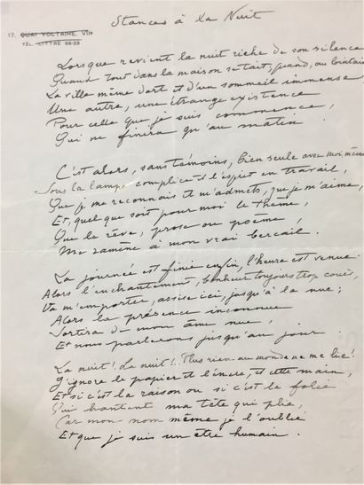 null Delarue-Mardrus, Lucie - Autograph poem signed "Stances à la nuit". 1 p., half-width...