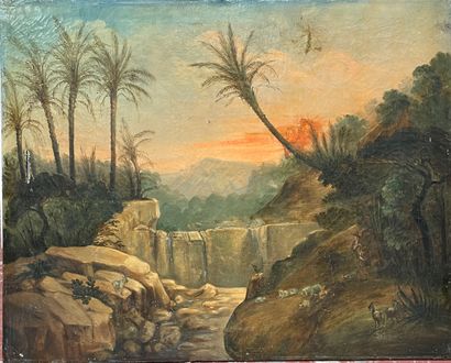 null Lot comprising six paintings of animated landscapes, some signed
Damage, missing...