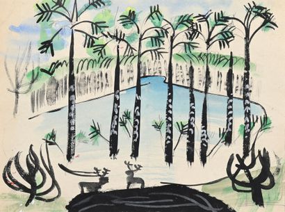  Fernand LÉGER (1881-1955)
Deux cerfs devant un étang, Projet de décor pour l’Opéra... Gazette Drouot