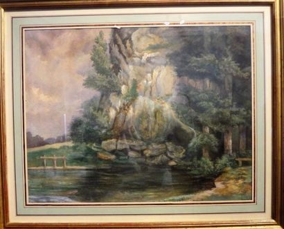 D'après Courbet Paysage à l'étang

Aquarelle et rehauts de gouache

38,5 x 49,5 ...