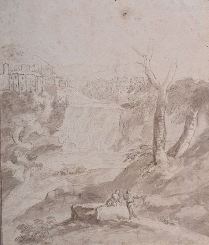  Ecole ITALIENNE du XVIIème siècle Paysage aux promeneurs près d’une cascade Plume...