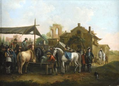 null Jean DUPLESSIS BERTAUX (Paris 1747 - 1818)

Cavaliers nourrissant leurs chevaux

Toile.

27...