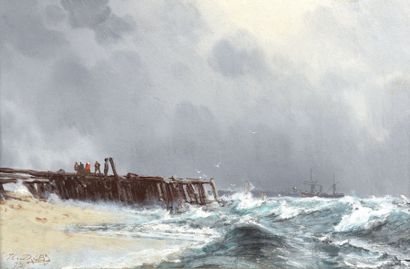 null Henri DURAND-BRAGER (1814-1879)

Bateau à aube à l'entrée du port

Huile sur...
