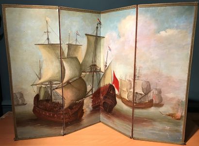 null Paravent composé de 4 panneaux représentant des vaisseaux hollandais.

82 x...
