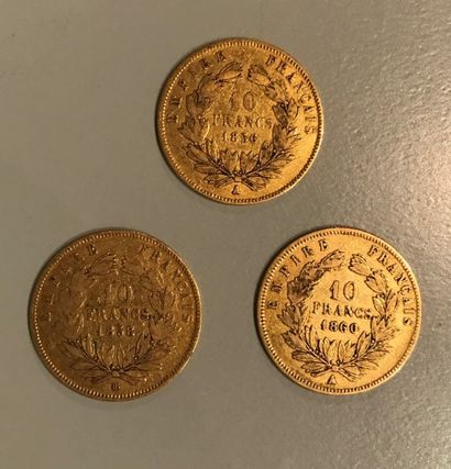 3 pièces de 10 frs or Napoléon III tête nue...