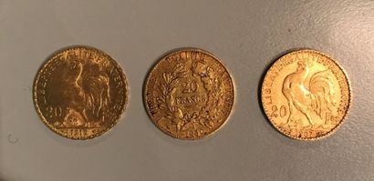 3 pièces de 20 frs or, 2 au coq (1907 - 1912)...
