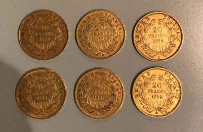 6 pièces de 20 frs or Napoléon III tête nue...
