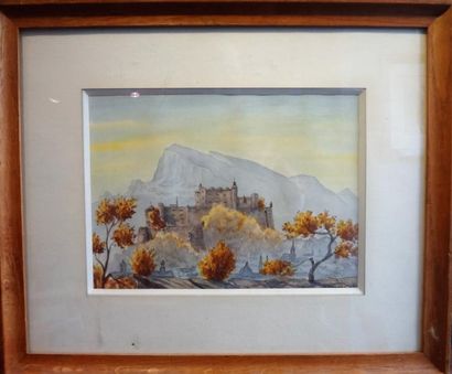  Ecole du XXème siècle Château fort en montagne Aquarelle sur papier signée et datée...