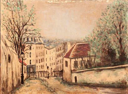null Ensemble de 4 tableaux et une peinture sur soie dont vue de Montmartre, paysage...