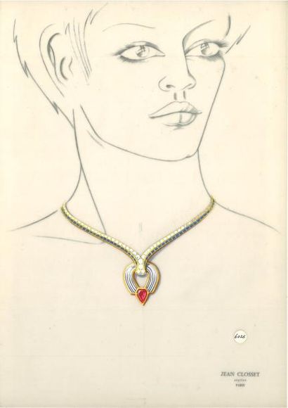  Jean CLOSSET (1935-2013) Suite de cinq projets de bijoux à la gouache sur papier...
